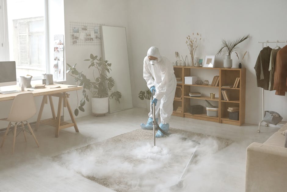 A professional cleaner wearing white protective suit, gloves, and a face mask, using a steam cleaning machine to deep clean a beige area rug in a bright, modern living room. The room features a wooden